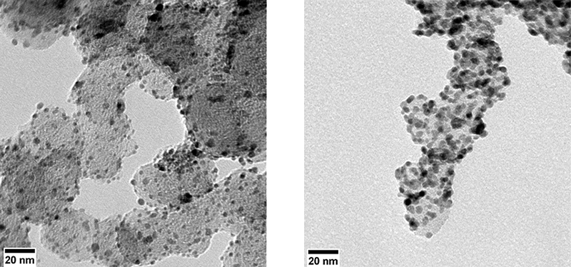 Vergleich der erreichten Partikelgröße und Reproduzierbarkeit verschiedener Präparationsverfahren zur Abscheidung von Platin-Nanopartikeln auf Vulcan-XC-72-Ruß.